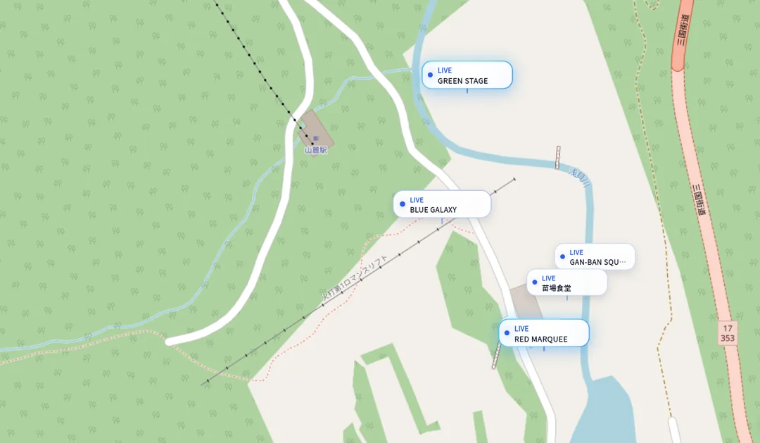 フジロック2026 会場マップ参考プレビュー。GREEN STAGE、BLUE GALAXY、RED MARQUEE、PALACE ARENA周辺の位置を示す地図。