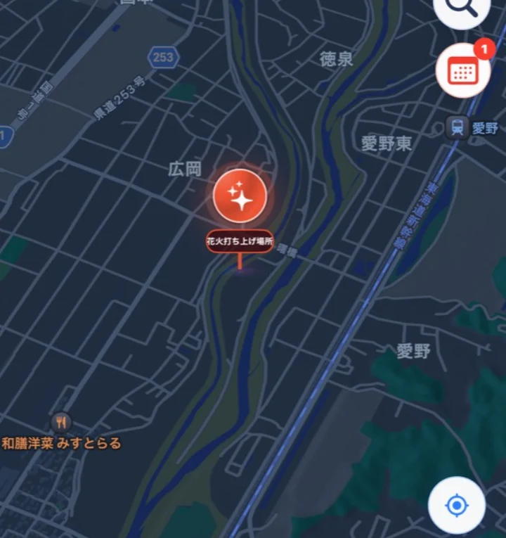 ふくろい遠州の花火の打ち上げ場所を示すFlareSpotアプリの地図