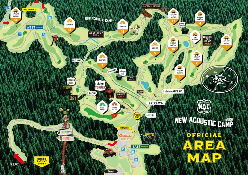 New Acoustic Camp 2026の4ステージ、入口、キャンプサイトを示す公式エリアマップ。