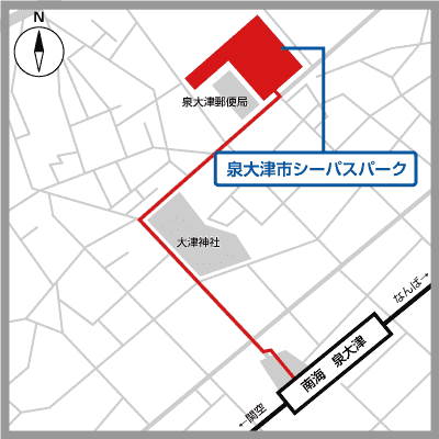 RUSH BALL 2026公式のシャトル乗り場図。南海本線泉大津駅と泉大津市シーパスパークの徒歩経路を示す。