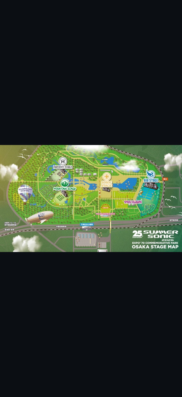 SUMMER SONIC 2026 OSAKA公式ステージマップ。万博記念公園の5ステージを縦長表示。