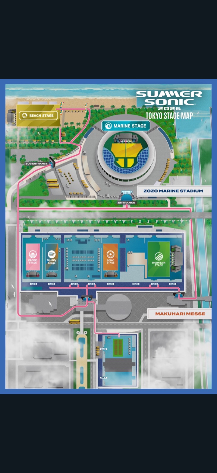 SUMMER SONIC 2026 TOKYO公式ステージマップ。マリン側と幕張メッセ側の全ステージを縦長表示。